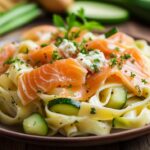 Fettuccine con salmón ahumado y queso de cabra en una salsa cremosa de puerros y calabacines: Una innovación irresistible de la pasta clásica