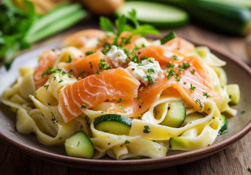 Fettuccine con salmón ahumado y queso de cabra en una salsa cremosa de puerros y calabacines: Una innovación irresistible de la pasta clásica