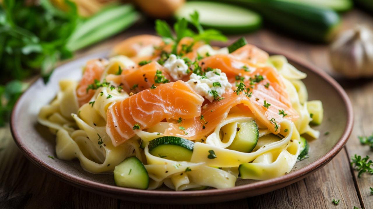 Fettuccine con salmón ahumado y queso de cabra en una salsa cremosa de puerros y calabacines: Una innovación irresistible de la pasta clásica